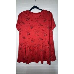 Disney Minnie Mouse Red Bow Print Peplum Top Short Sleeve Shirt Womens Medium